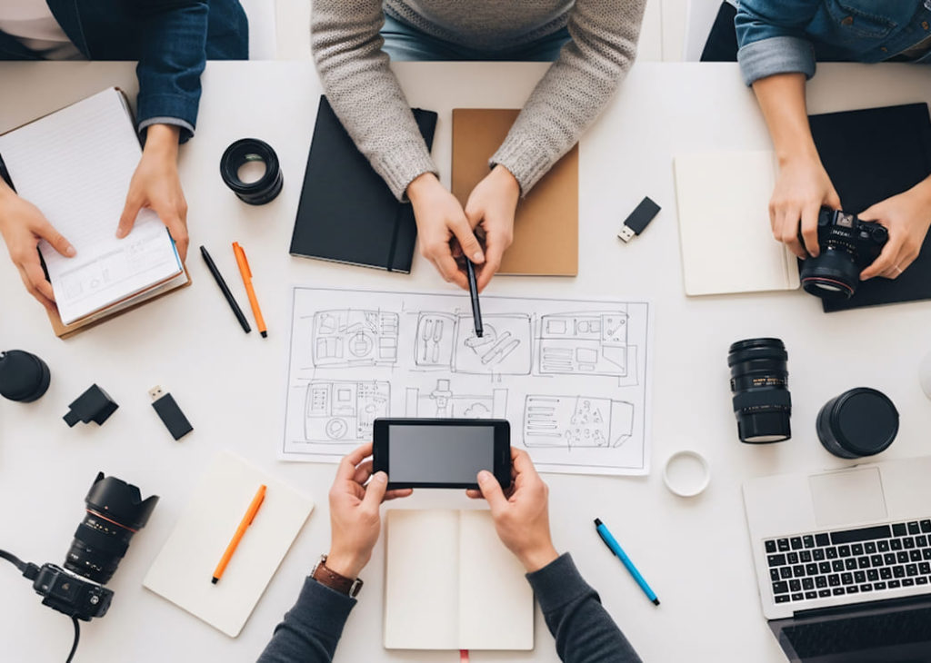 Mesa de un equipo creativo con libretas y dispositivos tecnológicos