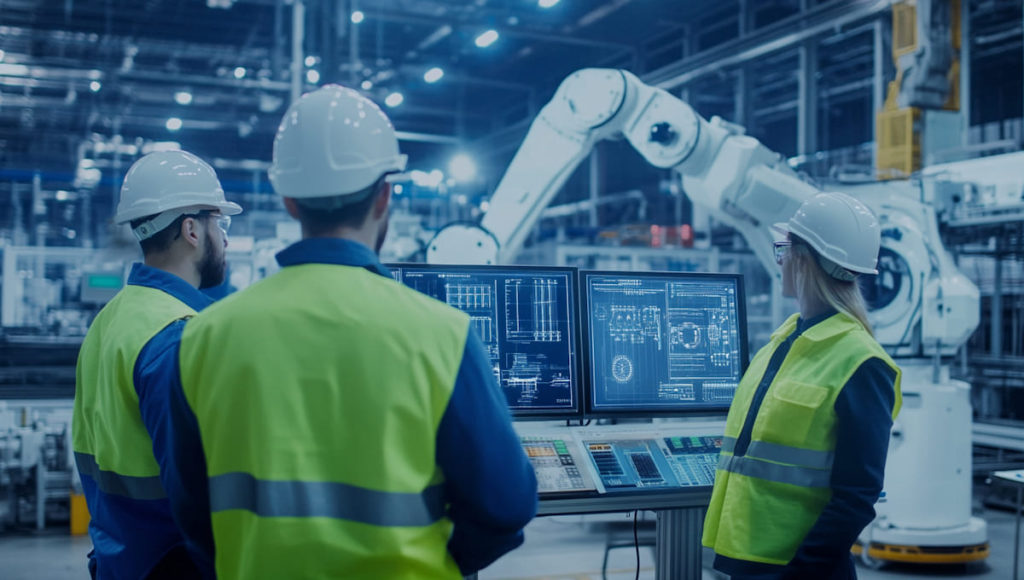 Operarios trabajando con brazos robóticos en una fábrica industrial